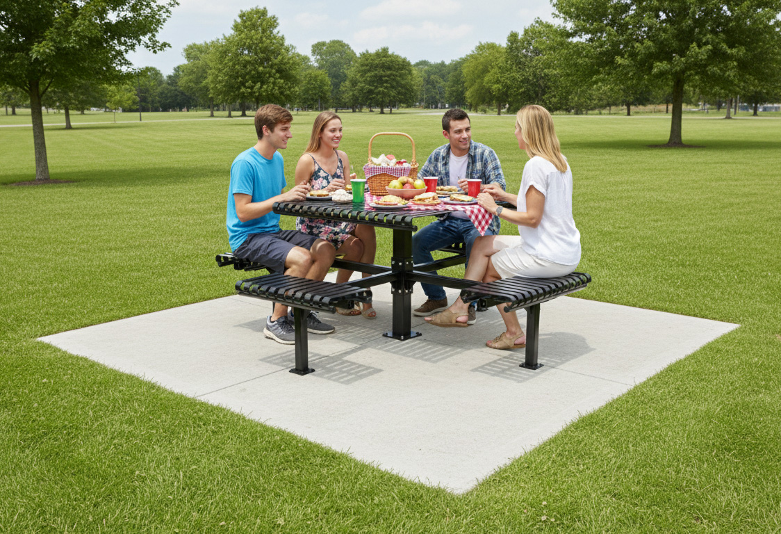 People sitting at commercial steel picnic table in outdoor park and workplace seating area.